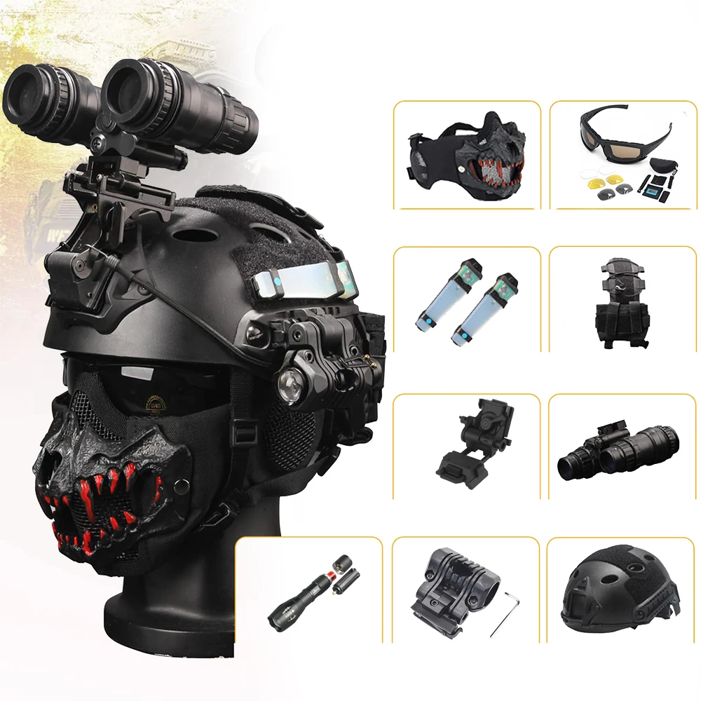 Tactical Helmet Set With Mask Airsoft Goggles Helmet Light Binocular NVG Mount Flashlight For Cs Game Hunting Halloween Cosplay
