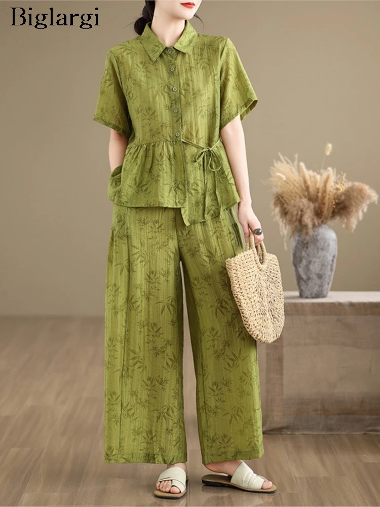 

Oversized Summer Print 2 Two Piece Set Women Slim Waist Modis Pleated Ladies Shirts Elastic High Waist Loose Woman Wide Leg Pant