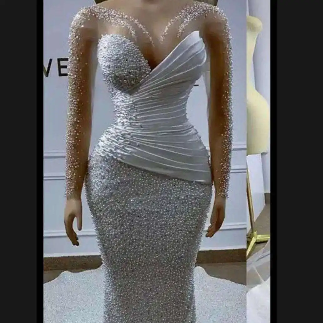 Customized New Luxury African Heavy Pearls Beaded Mermaid Wedding Dresses Illusion Neck Long Sleeves Satin Ruched Pleats Wedding