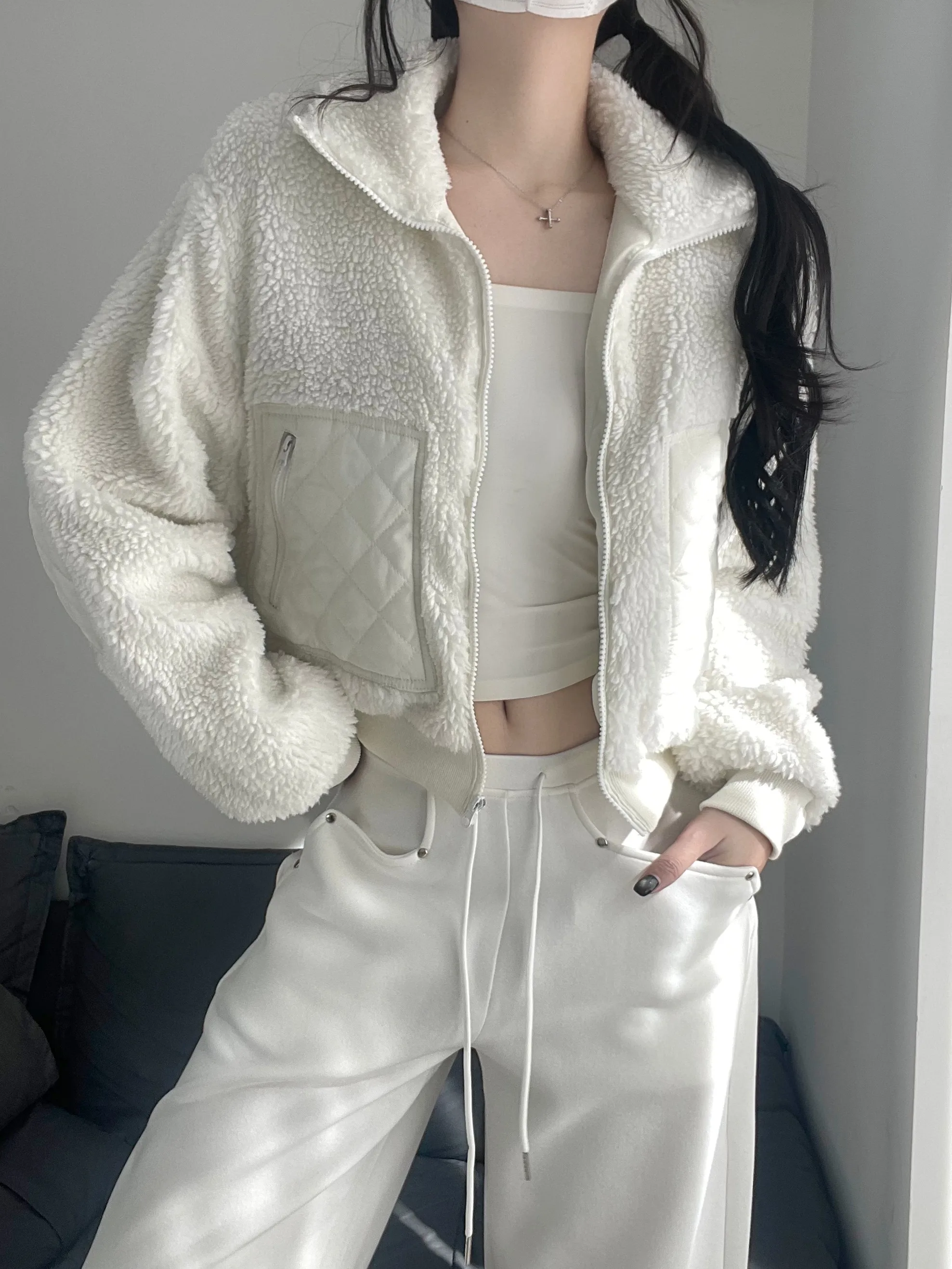 

Женская утепленная куртка из овечьей шерсти с воротником-стойкой, осенне-зимняя, новая, на молнии, хлопковая, с ромбовидным узором и вставками