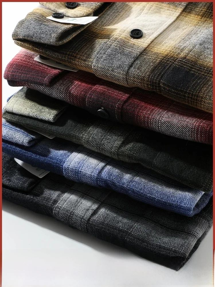 Męska koszula w stylu retro japońskim, długa, z bawełny flanelowej, miękka, w kratę, codzienna, idealna na jesień i zimę, wygodna.