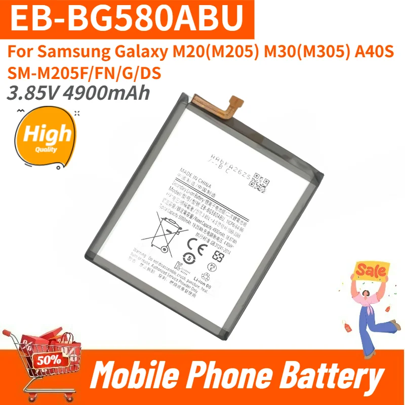 High Quality EB-BG580ABU Phone Battery 3.85V 4900mAh For Samsung Galaxy M20(M205) M30(M305) A40S SM-M205F/FN/G/DS Brand New