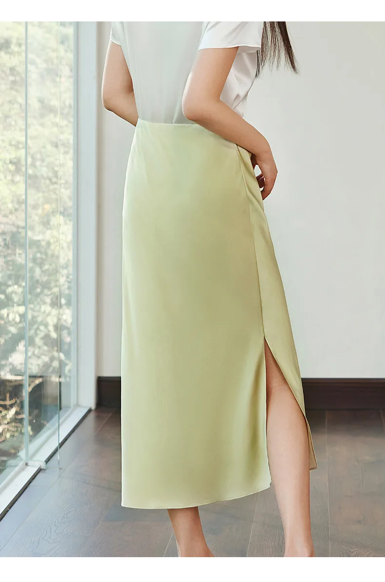 BirdTree, 92% Real Silk Elegant Skirt, Women Solid A-Line Side Slit, Versatile Satin Homewear Skirt, 2024 Spring Summer B43603QM