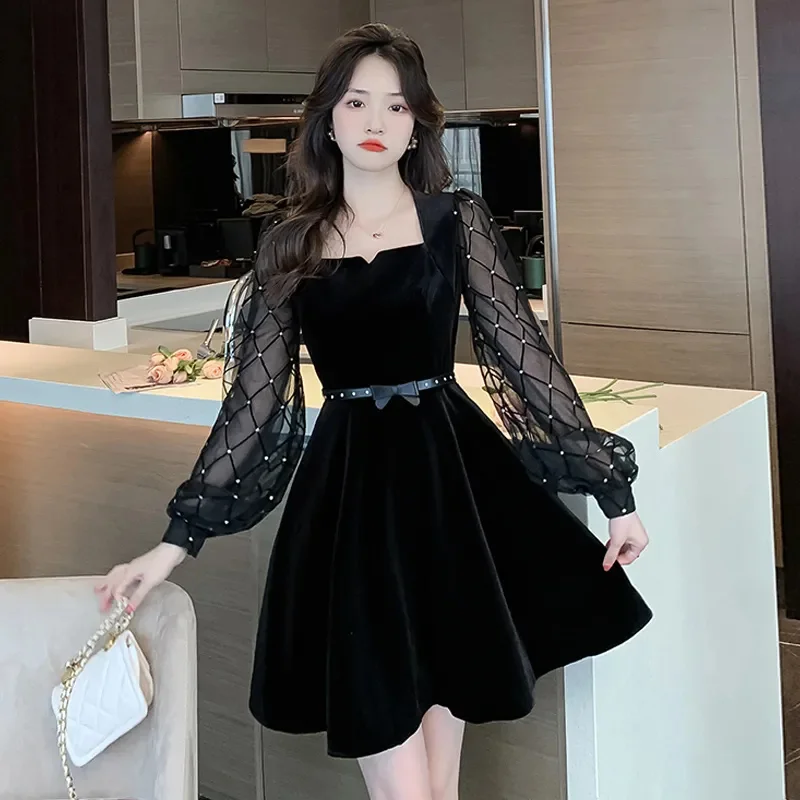 

Square Neck Black Velvet Dress For Women's Spring New Collection Waist Cinched A-line Dress Long Sleeved Short Dress For Lady