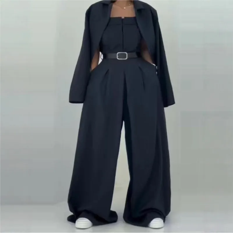 

Fashion Commuting 2-piece Set 2025 New Off-the-shoulder Sleeveless Jumpsuit + Striped Patchwork Jacket Chic Ladies Suit Outfit