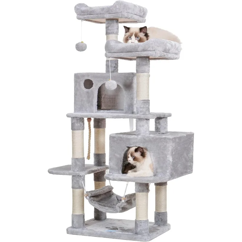 

Multi-Level Cat Tree Condo Furniture with Sisal-Covered Scratching Posts, 2 Plush Condos, Perch Hammock for Kittens, Light Gray