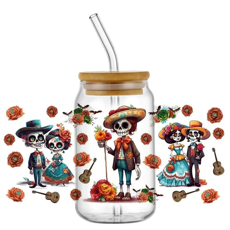 

Cartoon Day of the dead New 30 Design UV DTF Decal Cup Wrap For 16oz Libbey Coffee Glass Can Cup uvdtf Wrap Car Sticker DIY