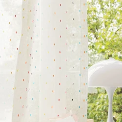 Rainbow White Imitation linen Sheer Curtains for Living Room Colorful Pom Pom Embroidered Semi-Sheer Curtains for Girls Bedroom
