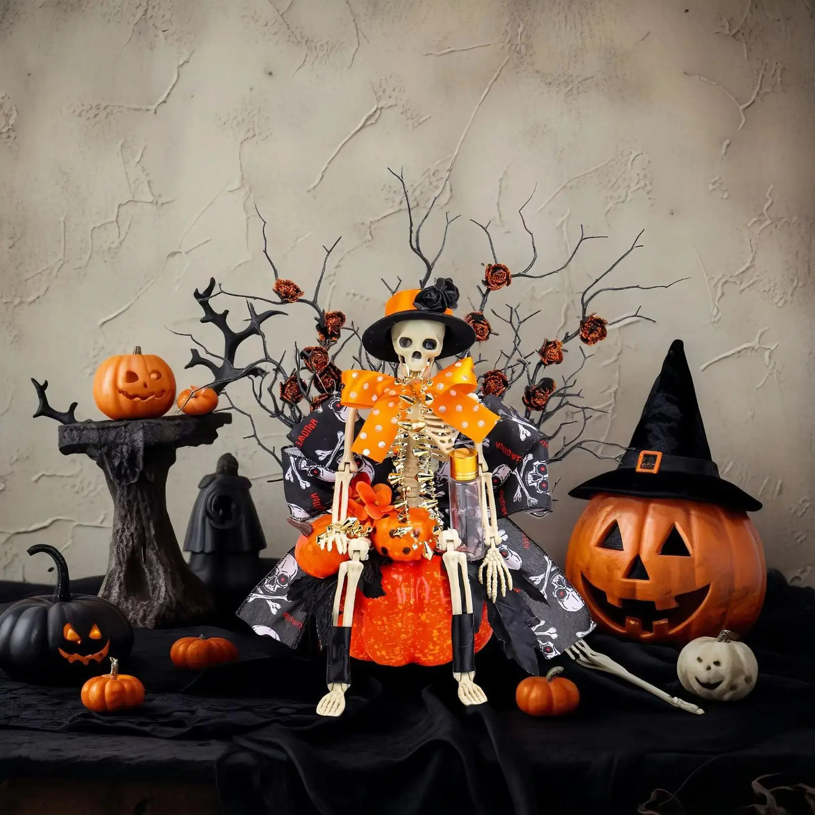 Halloween Figures Skeleton Pumpkin Figure Horror Halloween Skull Window Ornament For Porch Mantles Tables Bookshelves Entryway