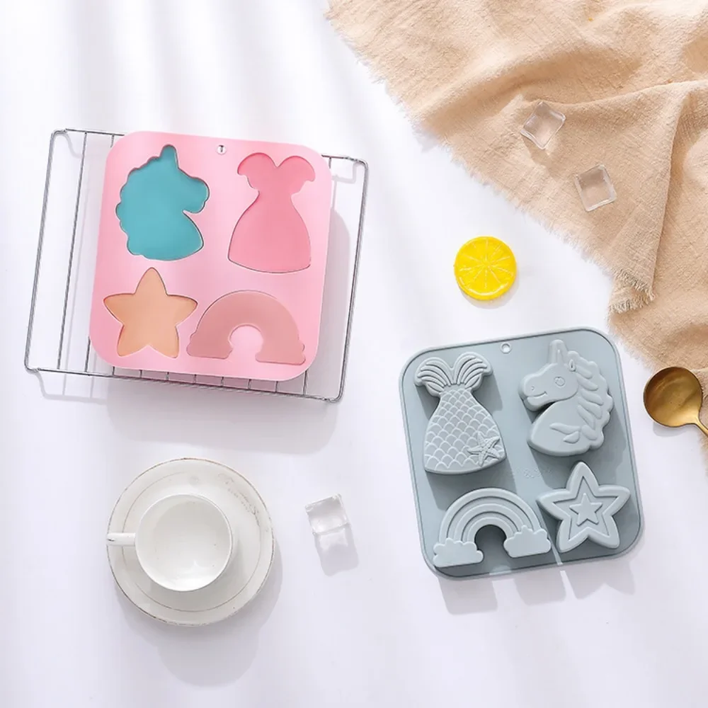 4 Holes Star Rainbow Silicone Chocolate Moulds Unicorn Jelly Biscuit Molds Mermaid Scented Candle Birthday Party Decor Soap Gift