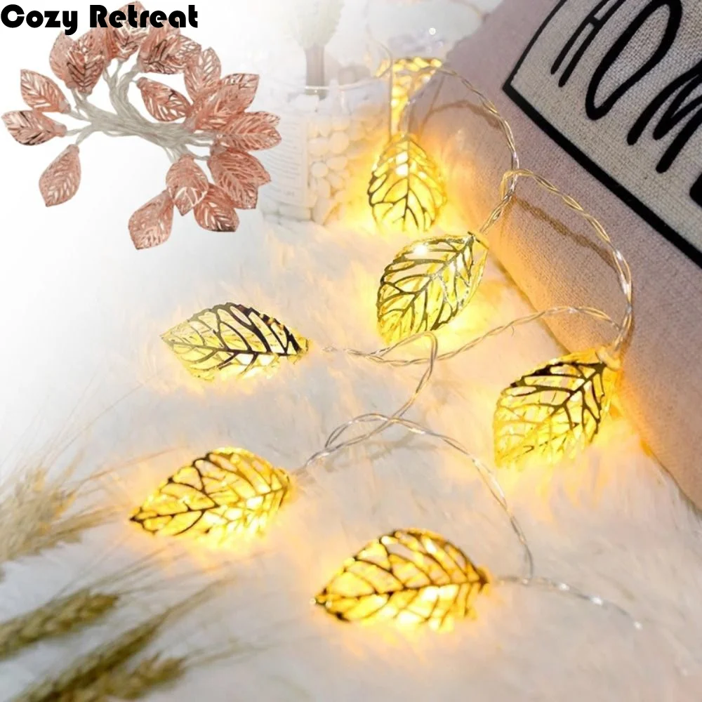 

Warm White LED Decorative Lamp Hollow Design Golden Metal Leaf LED String Light Battery Operated Shaped Design