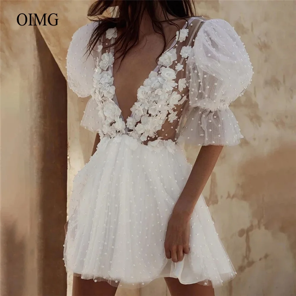 OIMG Short Pearls Tulle Wedding Party Dresses 3D Flowers Plunging V-Neck Half Puff Sleeves Illusion Formal Wear  Mini Bride Gown