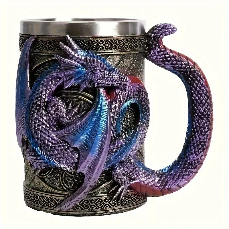 A Retro Creative3DRelief Dragon Beer Steins，Lined Stainless Steel，The Shell Is Resin，Decorative Coffee Cup，Multifunctional Fashi