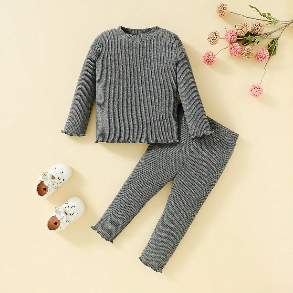 Toddler Girl Solid Color Outfit Long Sleeve Round Neck Pullover Tops Long Pants 2 Pieces Autumn Winter Baby Girl Clothes Set