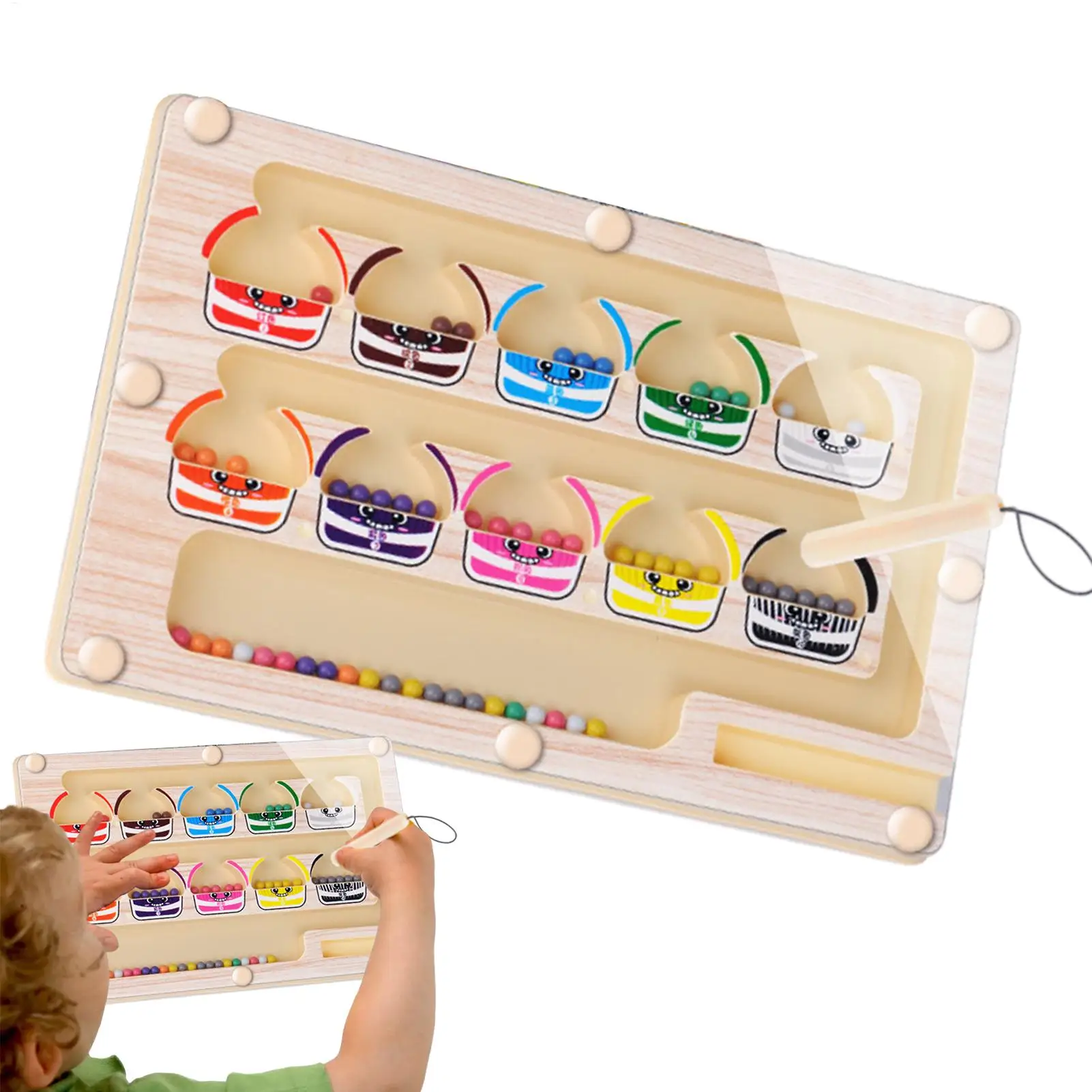 Magnetic Ball Maze Wooden Educational Magnet Maze Teaching Board Learning Fine Motor Skills Color Sorting Counting Brain Teaser
