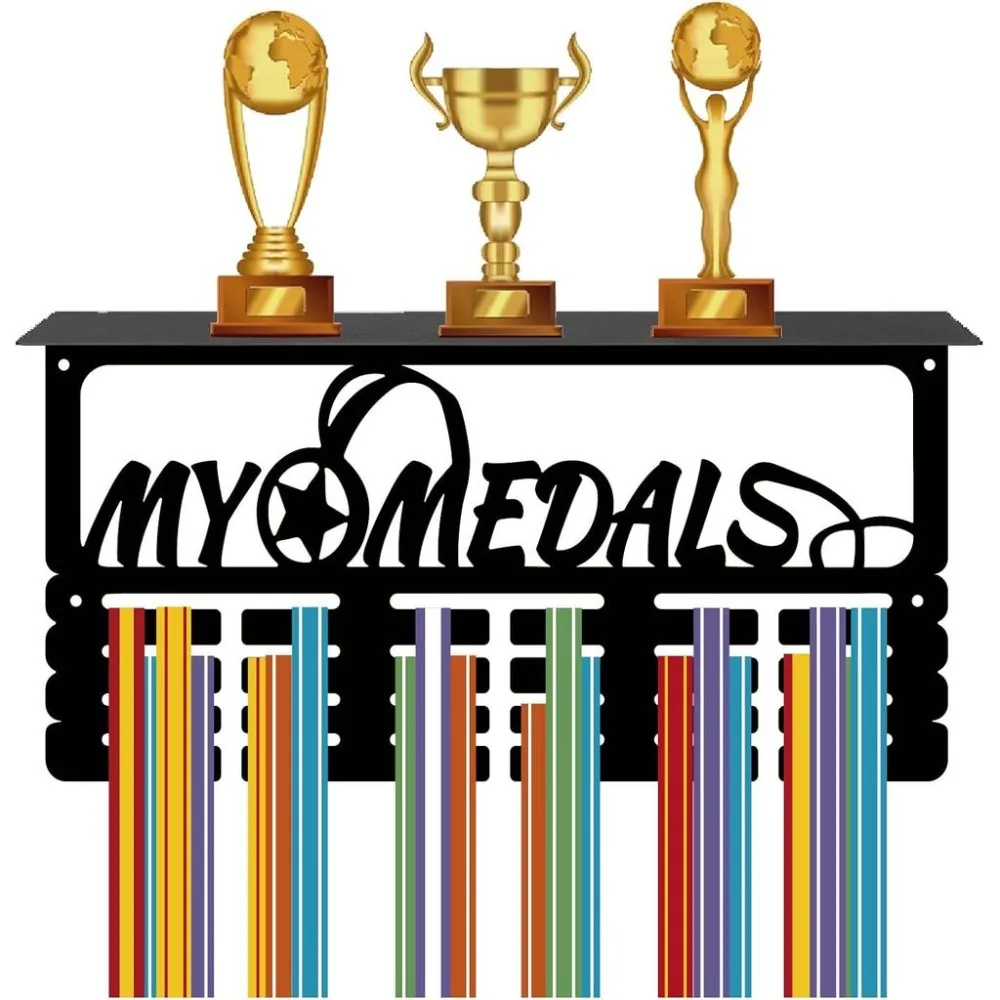 Medal Trophy Holder Medal Hanger Display with Shelf Stand Sports 4 Rows Wall Mount Hold 70+ Medals for Gymnastics Dance Soccer