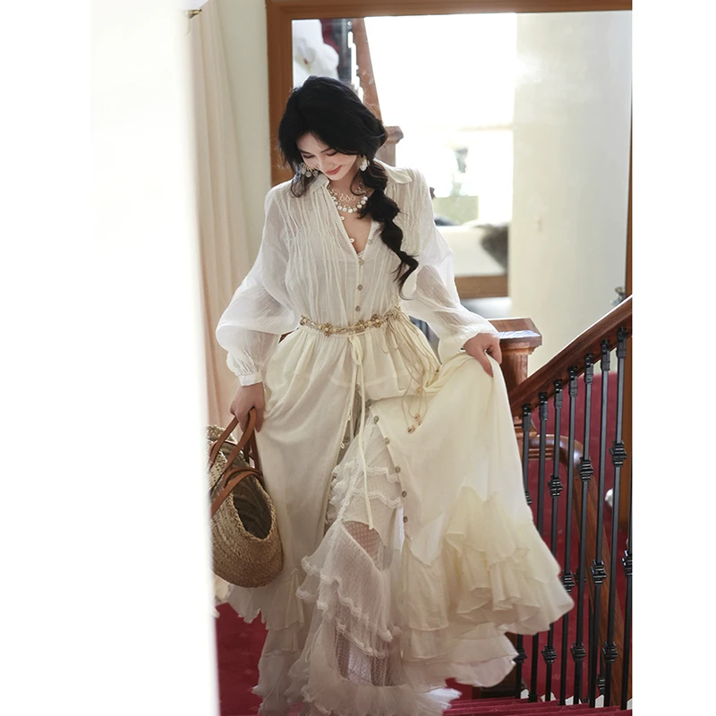 2025 nova chegada primavera outono feminino solto casual a linha vestido em camadas retalhos lanterna manga vestidos de algodão de boa qualidade t274