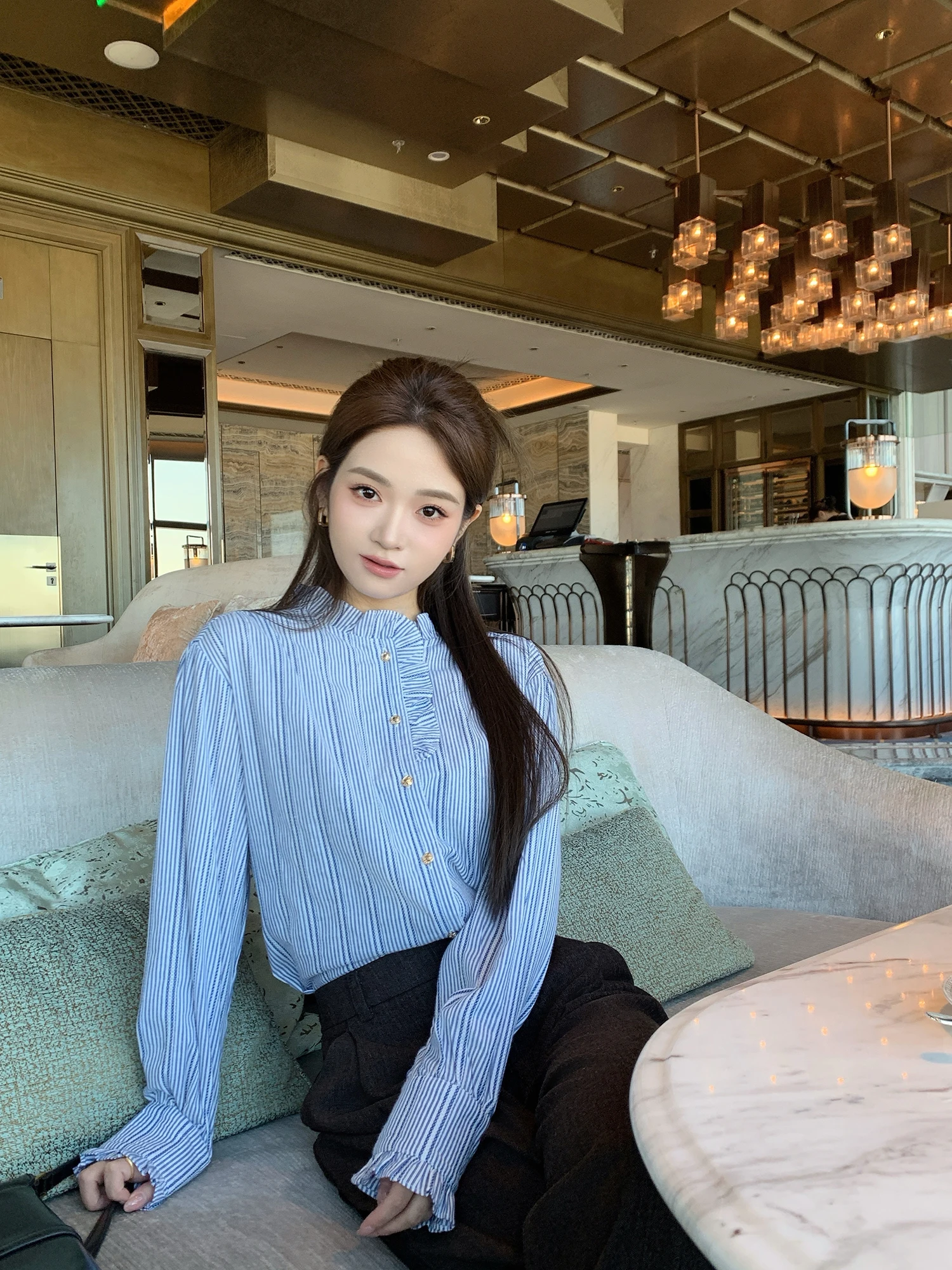 

Женская рубашка Ele Petal Collar в полоску, весна-осень, маленький размер, нежная, из смесового хлопка и полиэстера, с длинным рукавом