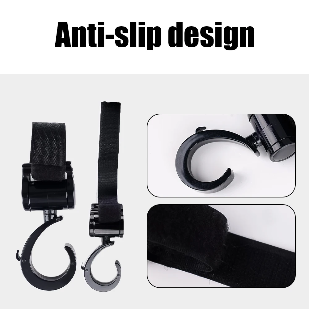 2 Clip Porta Borse Per Passeggino, Ganci Universali In Metallo Con Velcro, Rotazione 360°, Nero