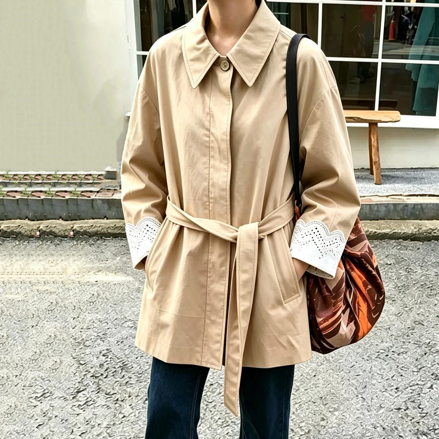 RU Mid Short Lapel Windbreaker Fall Winter Single Breasted Lace Trim Cuff Belt Tie Waist Relaxed Trench Coat Jacket
