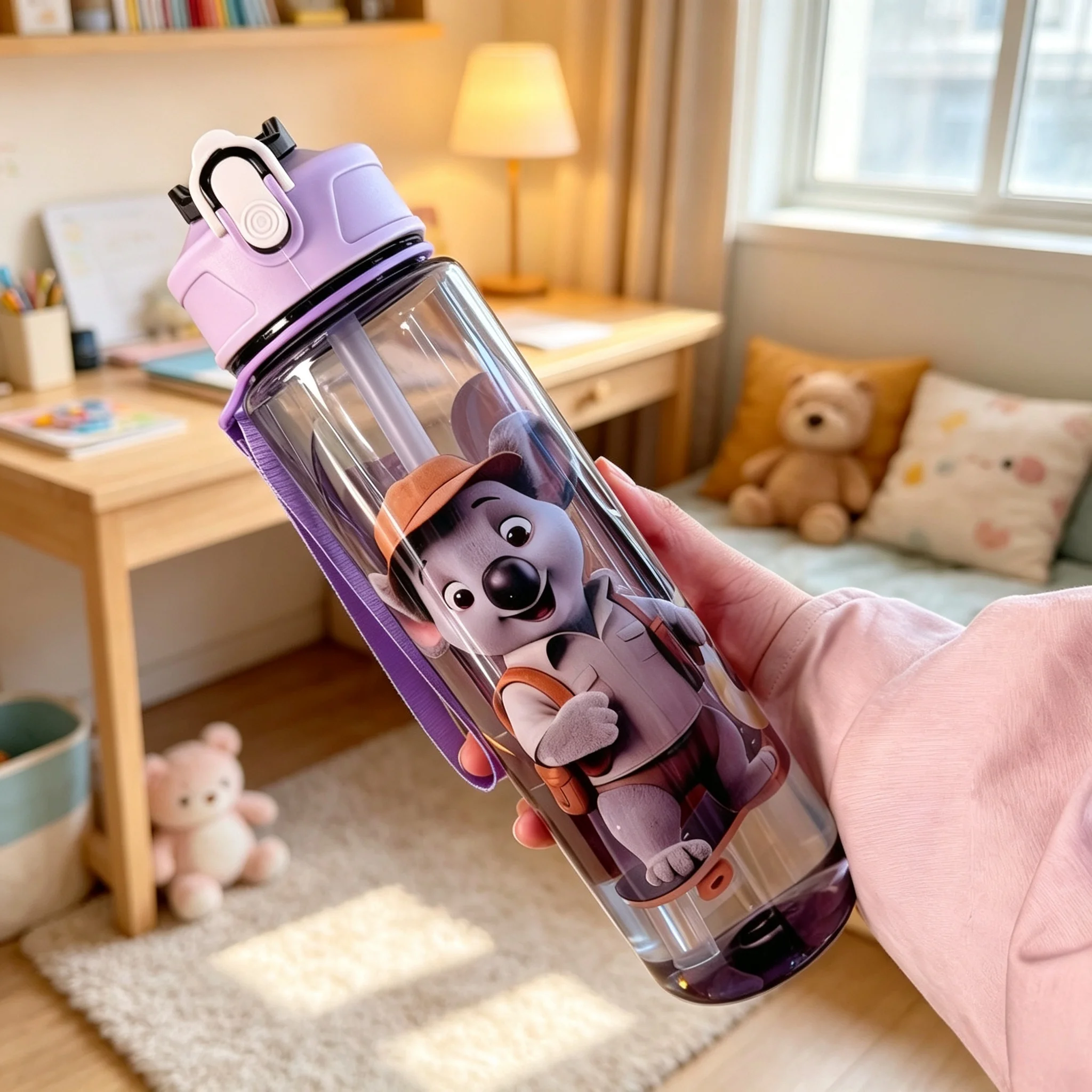 Lovely Cartoon Animal Pattern Thermal Water Bottle, Leakproof Flip Cap Drinking Bottle for Children Daily Use,with Lanyard