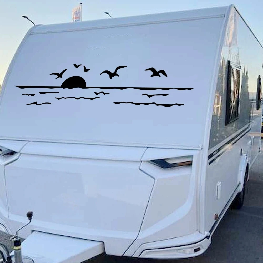 Pegatinas creativas de decoración de amanecer de mar para coche, Camper, furgoneta, autobús, caravana, autocaravana, SUV, camioneta de carga, caravana, calcomanías de vinilo, sintonización automática