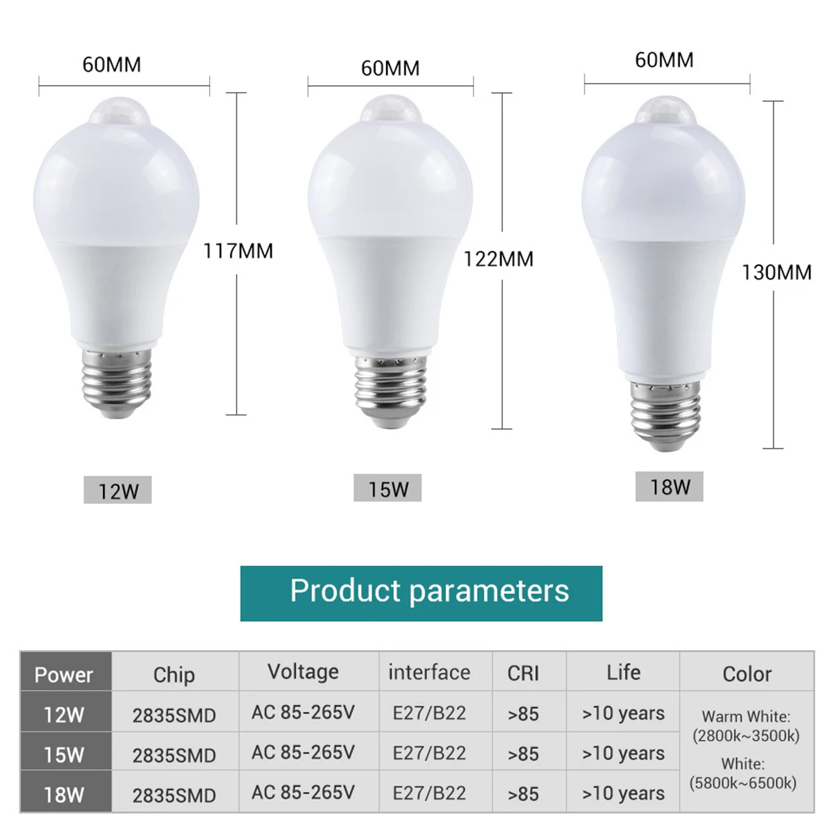 E27 Led Light Bulb 12w 15w 18w Cool White Lamp Pir Sensor Smart Smd2835 Motion Sensor Indoor Bulbs Motion Detector Energy Saving
