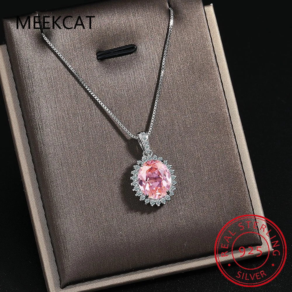 Princess Diana Created Pink Sapphire 925 Sterling Silver Pendant Necklace for Woman Fashion Trendy Oval Gemstone Jewelry