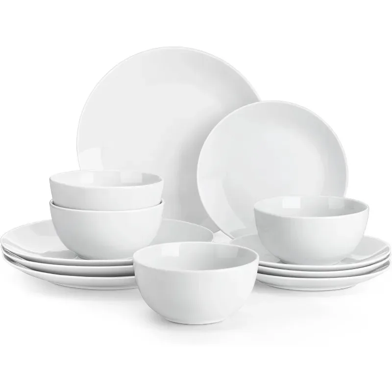 12 Pieces Gourmet Porcelain Dinnerware Sets, Modern White Dish Set for 4, Premium Serving Plates and Bowls Sets