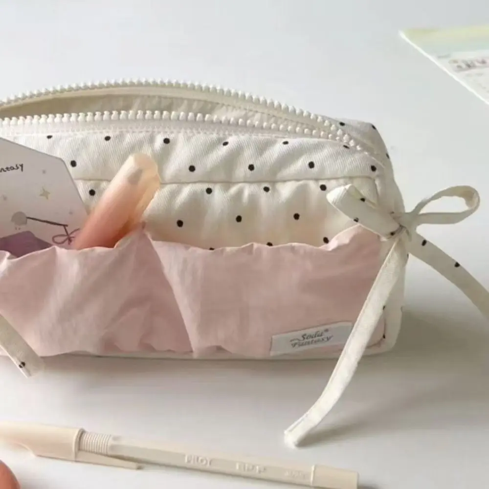 Simple Polka Dot Pattern Pen Bag Large Capacity Multifunctional Pencil Case Bowknot Deisgn Stationery Organizer Gift