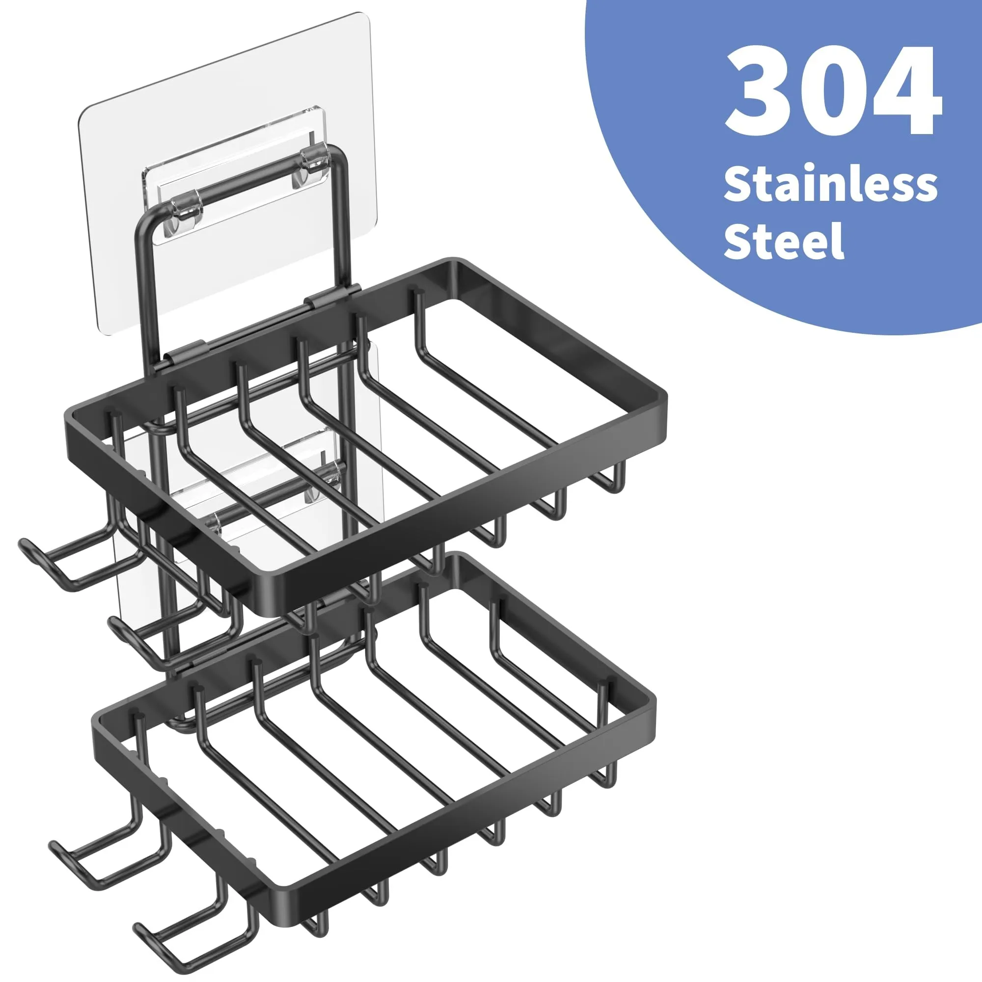 304 Stainless Steel Double Bar Soap Holder, No‑Drill Wall‑Mounted Shower Soap Tray with 4 Hooks & Razor Holder