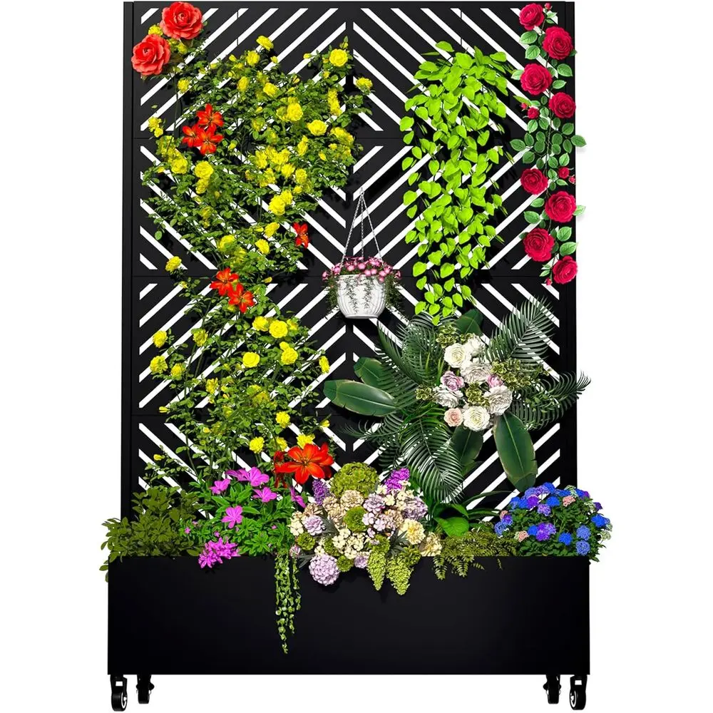 MTART Metal Planter Box with Trellis Outdoor, 72"x47"x16" Galvanized Raised Garden Bed with Privacy Sn & Drainage Holes & Lockab