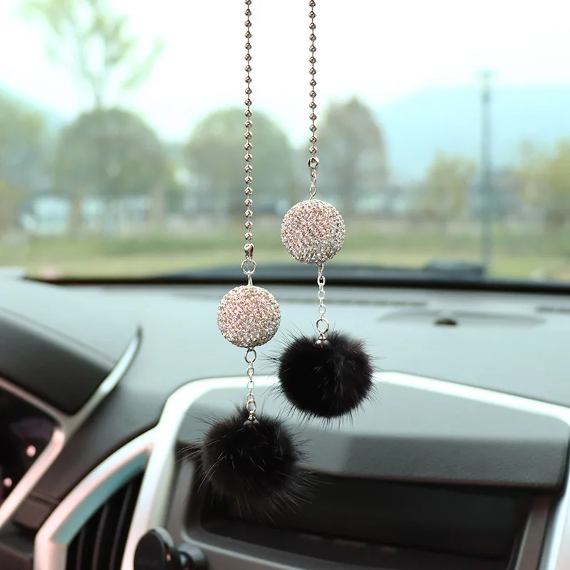 Crystal Diamond Ball Car Rearview Mirror Ornament Mink Ball Car Interior Decoration Interior Accessories Decor Hanging Pendant