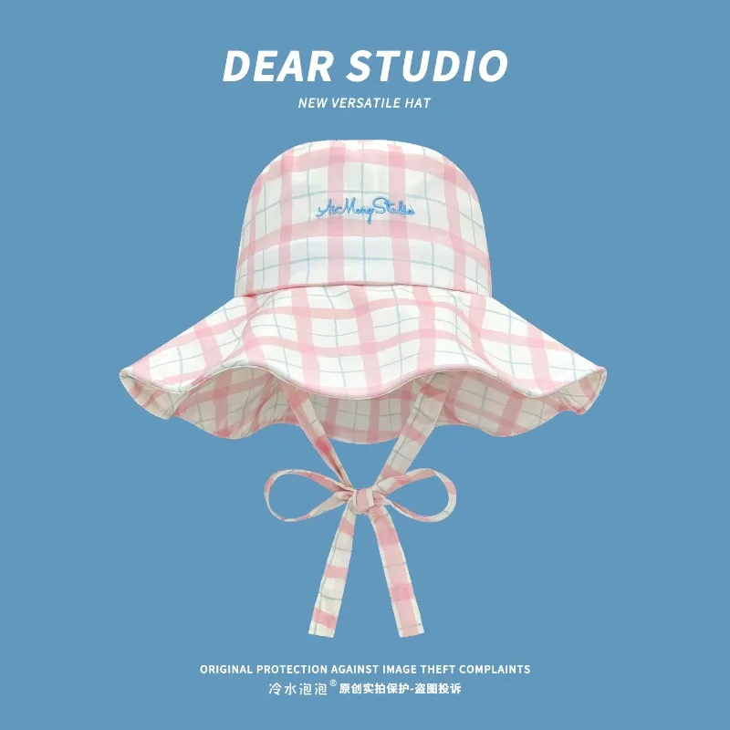 

Korean Plaid Letter Embroidered Bucket Hat Women's Spring and Summer Outdoor Vacation Sweet Versatile Sunshade Foldable Sun Cap