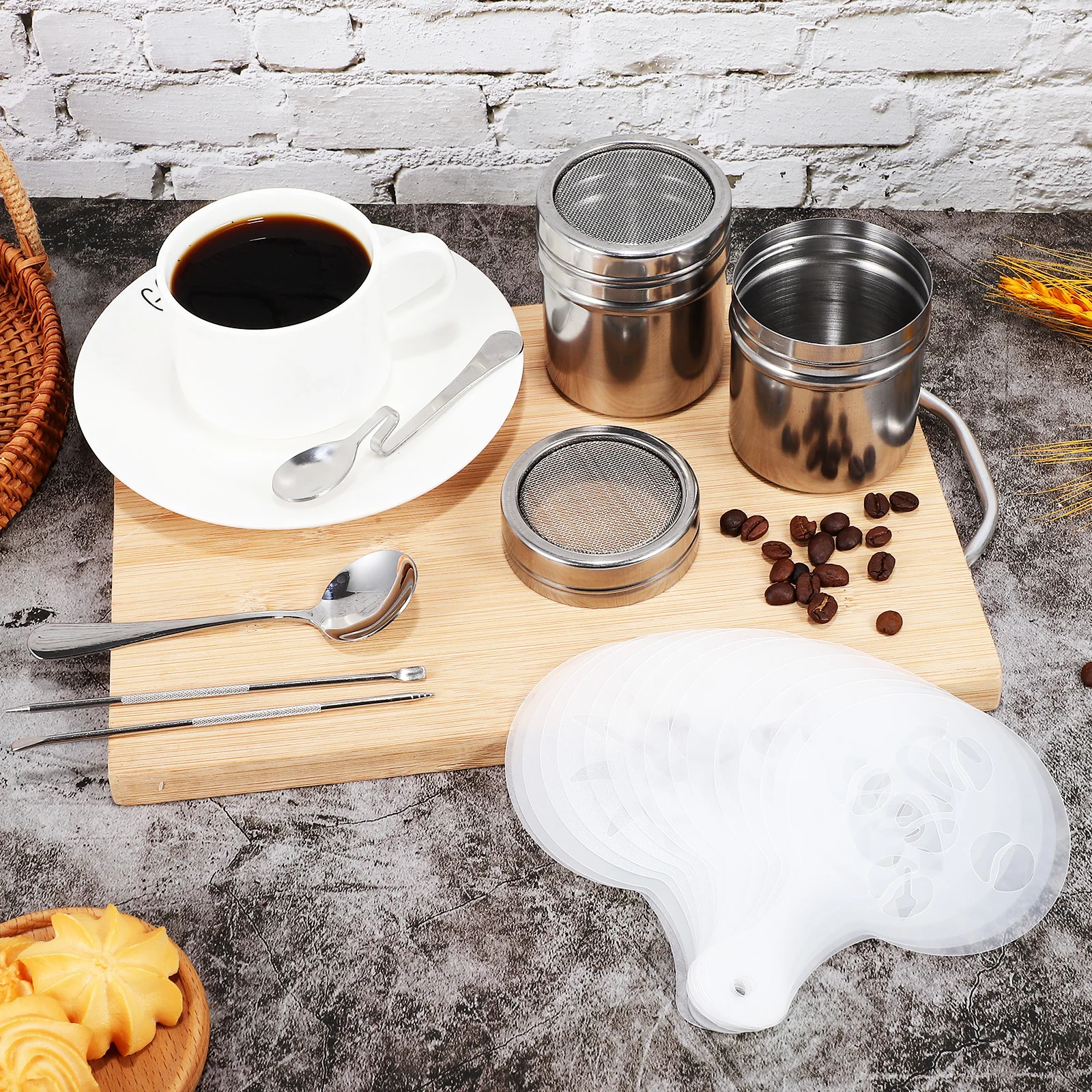 

1 Set Coffee Decorating Stencils Latte Art Pen Powder Shaker Spoon Tools Kit For Latte Cappuccino Chocolate Reusable