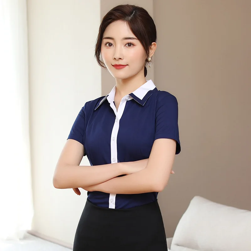 

Women Shirt Summer 2023 Short Sleeve OL Korean Style Cotton Blouse White Blue Elegant Office Lady Work Wear XL XXL Blusas Mujer