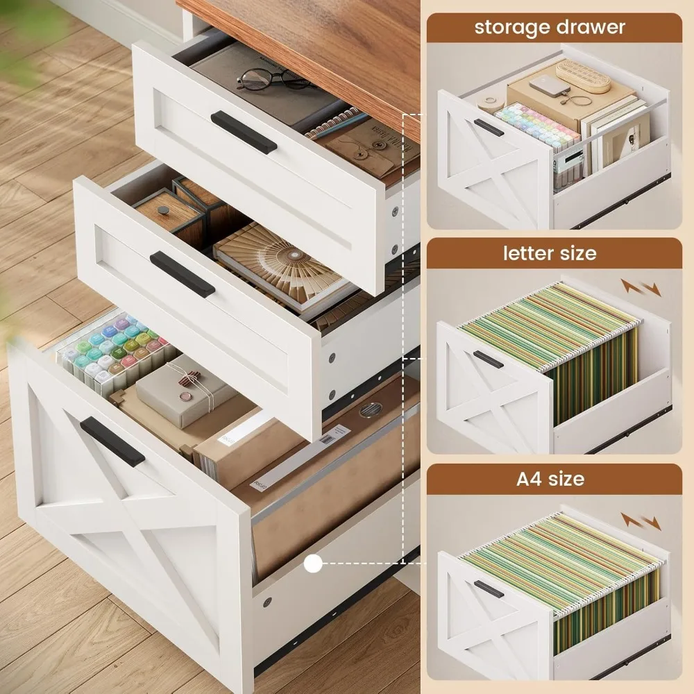 مكتب Farmhouse مقاس 67 بوصة على شكل حرف L مع 3 أدراج، ومكاتب مكتب منزلية مع أرفف تخزين، ومكتب كمبيوتر زاوية بيضاء مع مخرج طاقة