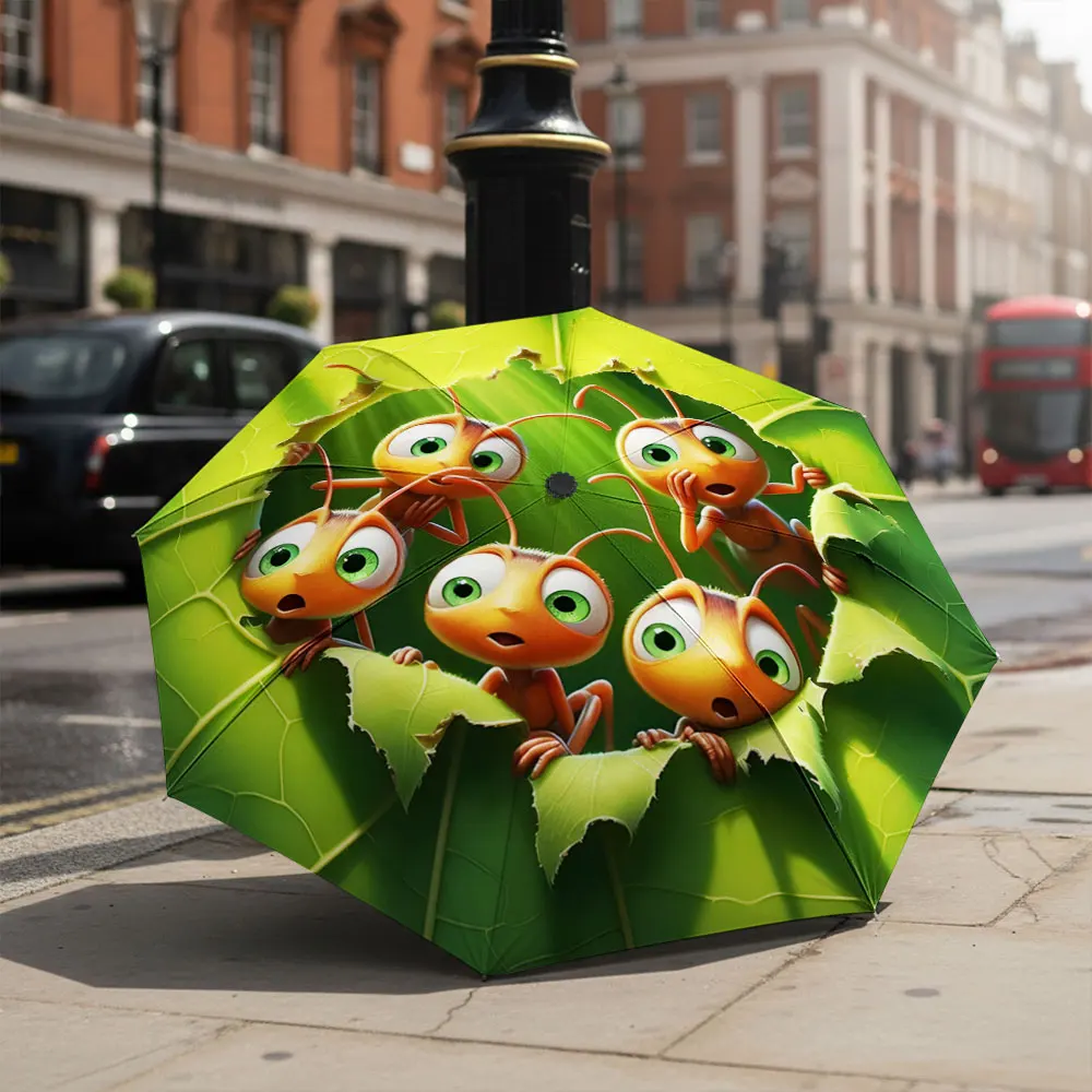 1P C Cartoon Ants Umbrella in a Scenic Background Print 8 Iron Ribs Folding Umbrella Auto-Open Fashion Sunshade