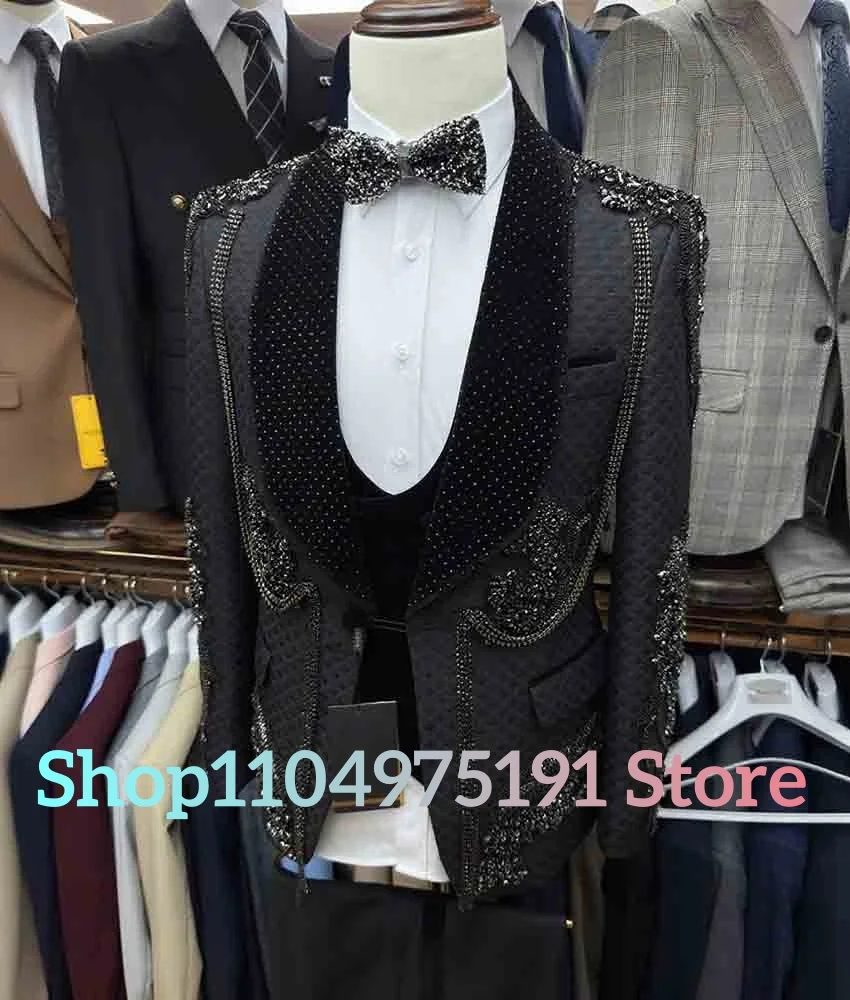 Luxury Crystal Embroidered wedding tailcoat Graceful 3-piece Men's Suit Performance outfit Wedding Party Dress Celebrity Gowns