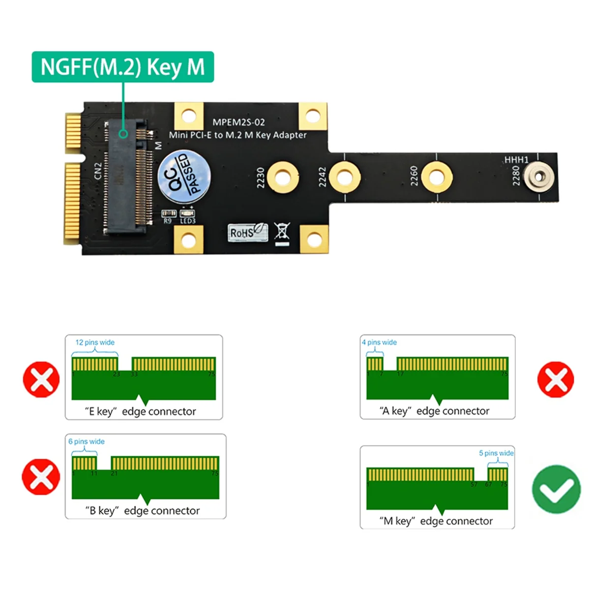 Mini PCI-E para M.2 M Adaptador de Chave, Conversor SSD NVME, Placa Riser, Cartão de Expansão para 2230, 2242, 2260, 2280