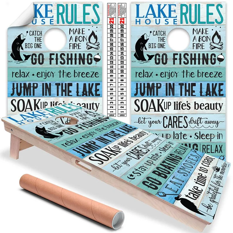 Cornhole Board Wraps and Decals Set of 2 Skins Professional Vinyl Covers Sticker Lake Rules Fishing Boat or Cabin Cornhole Wraps