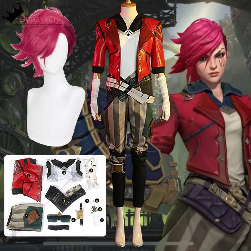 LOL Arcane Vi Cosplay Costume Game Arcane LOL Vi Role-Playing Subdue Red Short Leather Suit Wig Accessory Anime/Halloween Party8