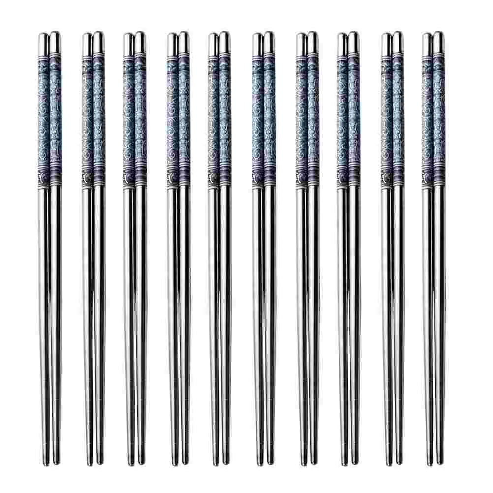 10 Pairs Blue and White Chopsticks Exquisite Stainless Steel Hair Outdoor Sturdy Anti-slip Travel for Home Non-slip