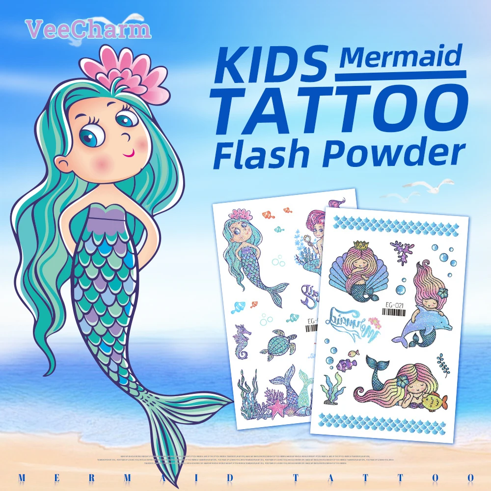 

VeeCharm - Mermaid Glitter Temporary Tattoos for Kids, Underwater Arts & Crafts, Birthday Party Supplies, Skin Safe, 1/12 Sheet