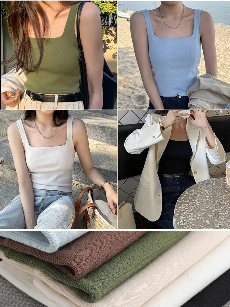 high quality chic basic U-NECK Summer white knit Women tank top sexy sleeveless t-shirt  vintage top casual crop top t shirt