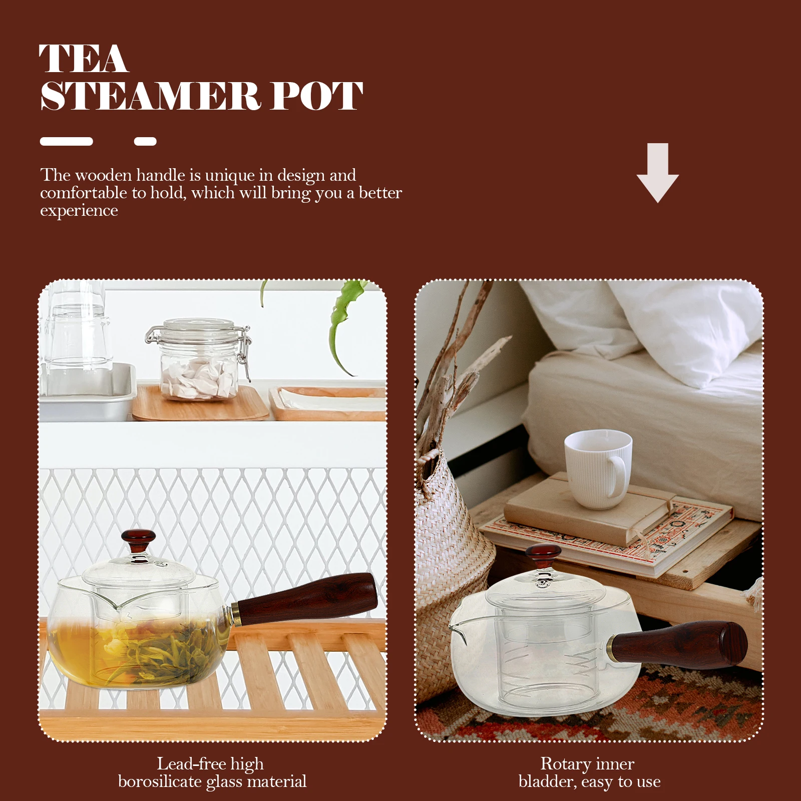 

Premium Glass Tea Separator Eco-Friendly Home Use Teapot Wooden Handle Rotatory Infuser Heat Resistant Clear Practical