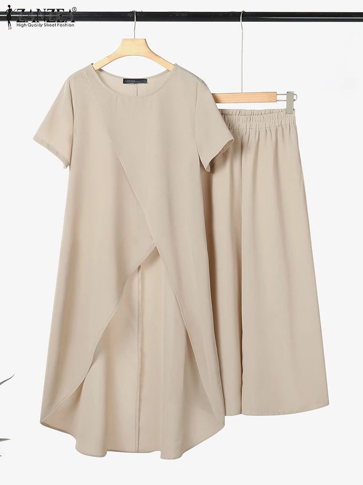 

ZANZEA Wide Leg Calf-Length Pants Short Sleeve Asymmetrical Hem Long Blouse 2 Piece Pant Sets Women Fashion Casual 2 PCS Outfits
