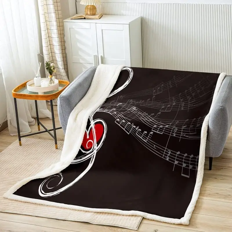 Music Theme Plush Blanket Flying Notes Fleece Throw Blanket for Bed Sofa Couch Boys Girls Children Heart Love Musical