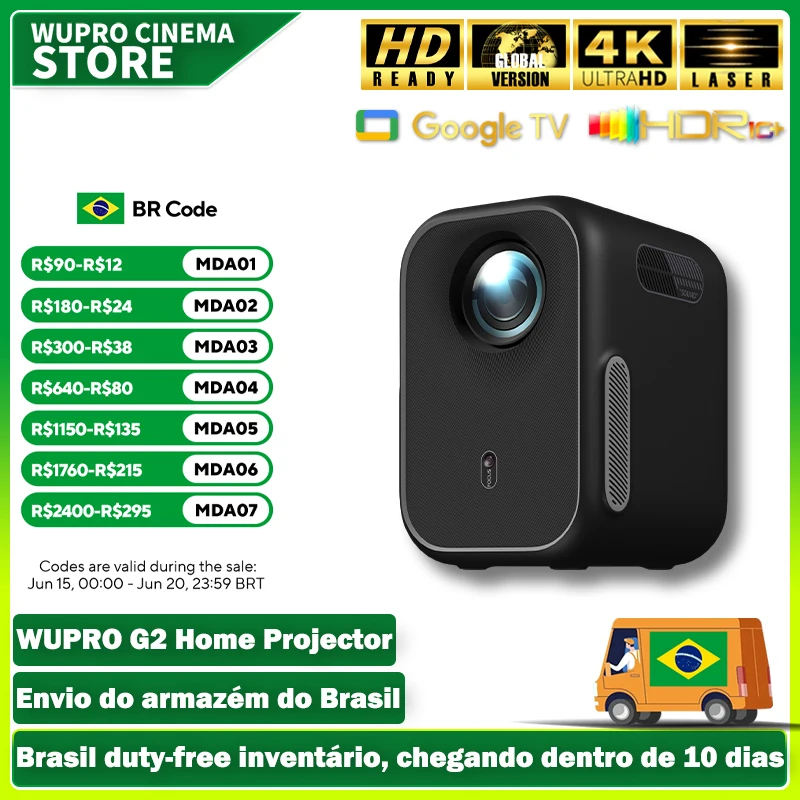 Projetor Wupro G2 4K Nativo 1920P com Google TV, Visão Global, Laser HDR10 para Mini Cinema Doméstico, Dolby Vision, Projetores Portáteis