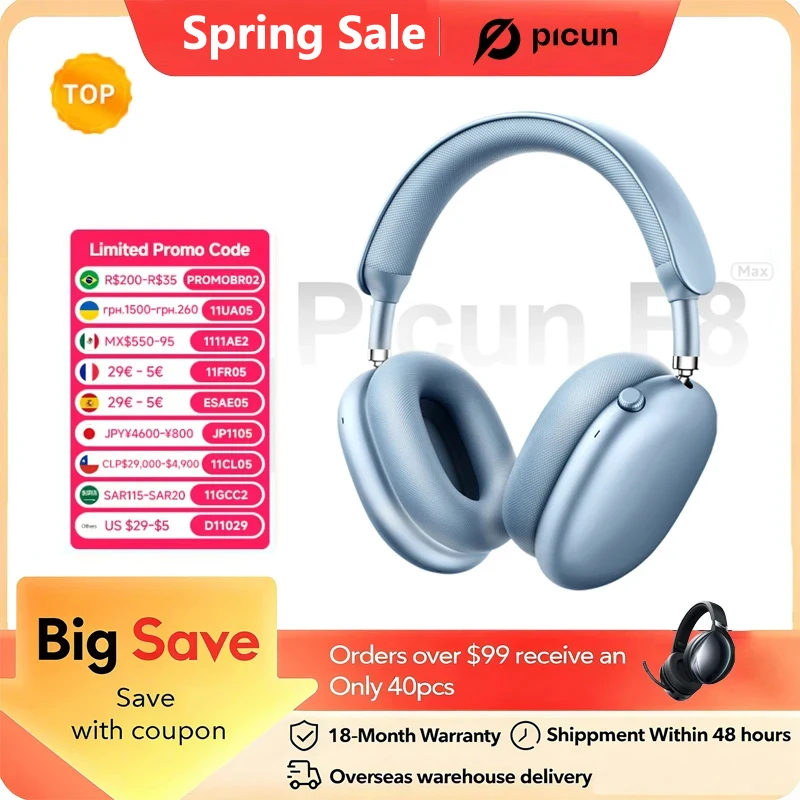 Picun F8MAX ANC Wireless Headphone 59dB Hybrid Active Noise Canceling Spatial Audio Earphone Bluetooth 6.0 Over Ear Headset 180H